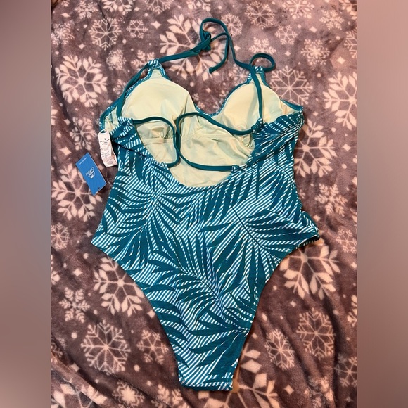 Women's Blue Tropical V-Neck Crossback One-Piece Size Large - Picture 9 of 9